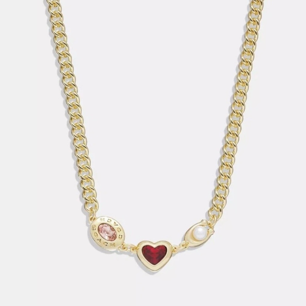 Coach Signature Stone And Red Heart Gold Chain Necklace NWT - Picture 6 of 7